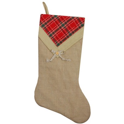 Northlight 20.5" Beige and Red Plaid V-Cuff Christmas Stocking