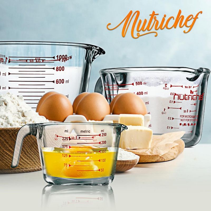NutriChef 3 Pcs. High Borosilicate Glass Measuring Cup with Customized Decal Scale, 250 ml, 500ml, and 1000ml, 3 of 8
