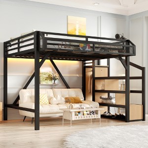 JANSNO Metal Loft Bed with Storage Stairs, Shelves & Built-in Wardrobe, USB Ports, Lights, Noise-Reduced Design - 1 of 4