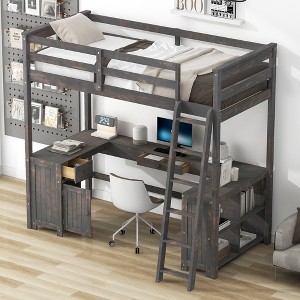 Whisen Elegant Design Twin Size Loft Bed with Desk, Drawers and Storage Shelves - 1 of 4