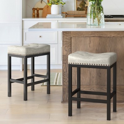 Arceso Bar stools Set of 2, 24 Inch Saddle Backless Faux Leather Counter Height Stools with Black Metal Legs, Light Beige Gray and Black