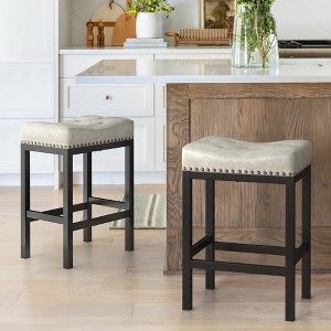 Arceso Bar stools Set of 2, 24 Inch Saddle Backless Faux Leather Counter Height Stools with Black Metal Legs, Light Beige Gray and Black - 1 of 4