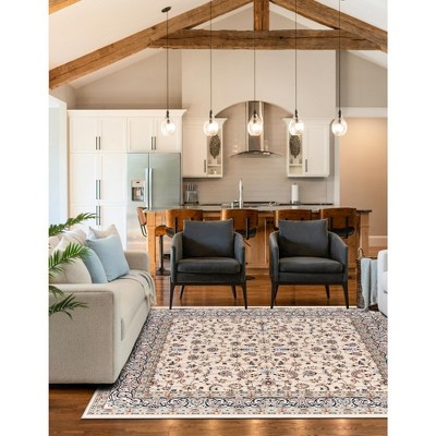 Ivory and Blue Synthetic Square Stain-Resistant Area Rug