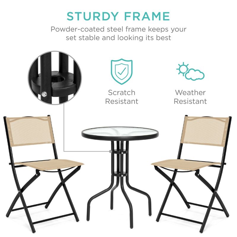 Best Choice Products 3-Piece Patio Bistro Dining Furniture Set w/ Round Textured Glass Tabletop, Folding Chairs, 6 of 11