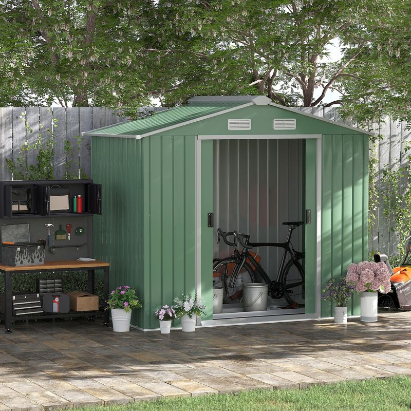 Outsunny 7' x 4' Metal Storage Shed Organizer, Garden Tool House with 4 Vents and 2 Sliding Doors for Backyard, Patio, Garage, Lawn, Light Green, 3 of 7