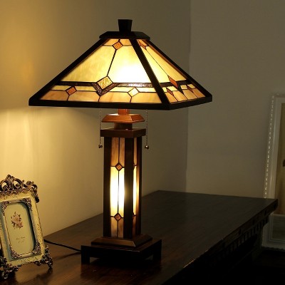 Kay Tiffany-Style Mission Double Lit Stained Glass Wooden Table Lamp