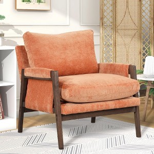 Orange Velvet Accent Chair, Mid-Century Modern Leisure Chair With Solid Wood Thick Seat Cushion For Living Room, Bedroom, Studio, Home, Office - 1 of 4
