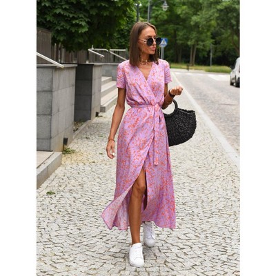 Women's Summer Floral Wrap Maxi Dress Casual Short Sleeve Deep V Neck Split Beach Long Dresses with Belt