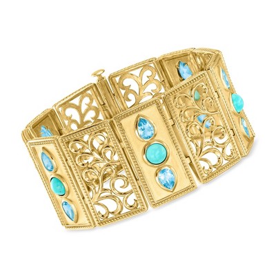 Ross-Simons Turquoise and 6.75 ct. t.w. Swiss Blue Topaz Bracelet in 18kt Gold Over Sterling Size 8