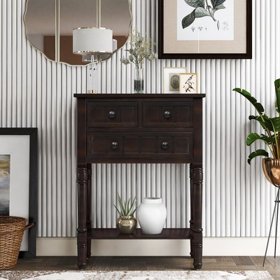 LOVMOR Narrow Console Table with Three Storage Drawers and Bottom Shelf for Living Room