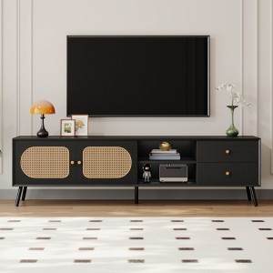 KIGFTSOD 70" TV Stand for TVs up to 80" – Mid Century Modern Entertainment Center with Rattan Doors, 2 Drawers & Open Shelf, Living Room - 1 of 4