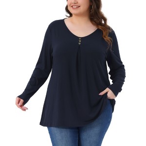 Women's Plus Size Button Decor V Neck Long Sleeve Casual Tunic Blouse - Agnes Orinda - 1 of 4