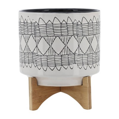 Geometric Ceramic Planter on Wooden Stand - Sagebrook Home