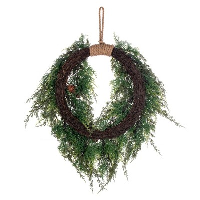 24" Green Artificial Cedar Wreath with Pinecones and Snow