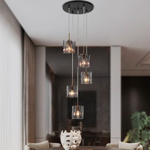 LNC Echonalyri 5-Lights  Modern Candestick Chandelier,Matte Black and Polished Gold with Smoked Grey Textured glass,15in/26in - 1 of 4