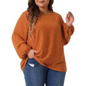 Agnes Orinda Women's Plus Size Dressy Swiss Dots Long Sleeve Round Neck Casual Blouses - 1 of 4