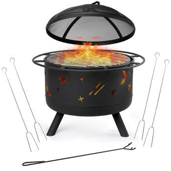BIRDROCK HOME 30" Round Patio Fire Pit with Cover - Stars & Moon Pattern