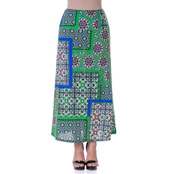 24seven Comfort Apparel Green Scarf Print Elastic Waist Ankle Length Comfortable Maxi Skirt