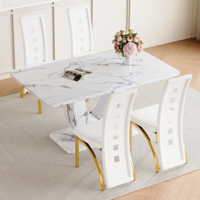 5-Piece Dining Set with Marble Patterned Table and 4 PU Armless Chairs