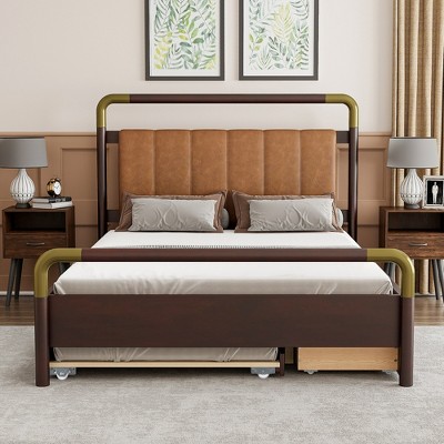 Whisen Queen Size Platform Bed with PU Leather Headboard, Trundle and 2 Storage Drawers