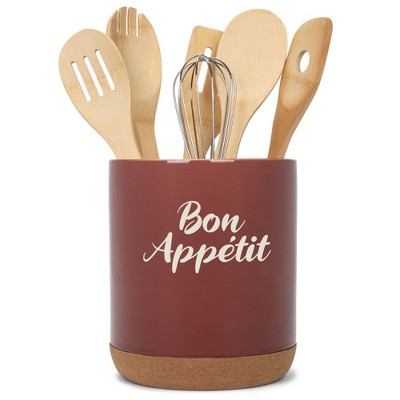Elanze Designs Bon Appetit Chef Cooking Culinary Arts Ceramic Cork Bottom Red Large Capacity Utensil Holder Crock for Countertop Storage, Stylish &