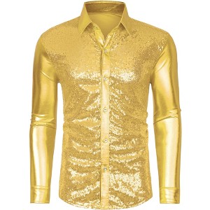 Lars Amadeus Men's Shiny Sequins Slim Fit Long Sleeves Button Down Disco Party Shirt - 1 of 4