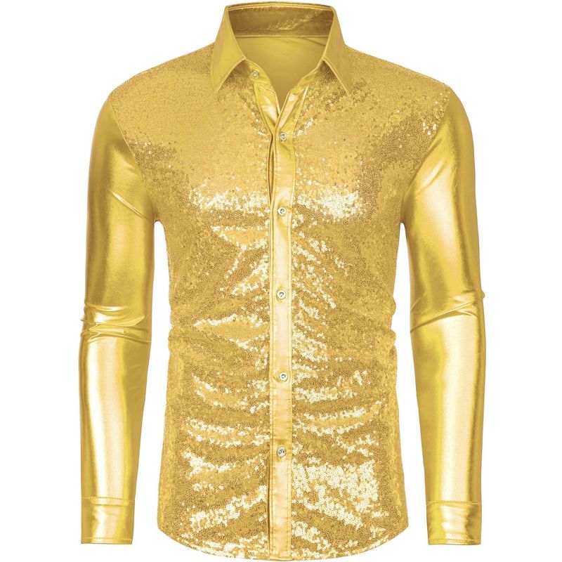Lars Amadeus Men's Shiny Sequins Slim Fit Long Sleeves Button Down Disco Party Shirt, 1 of 7