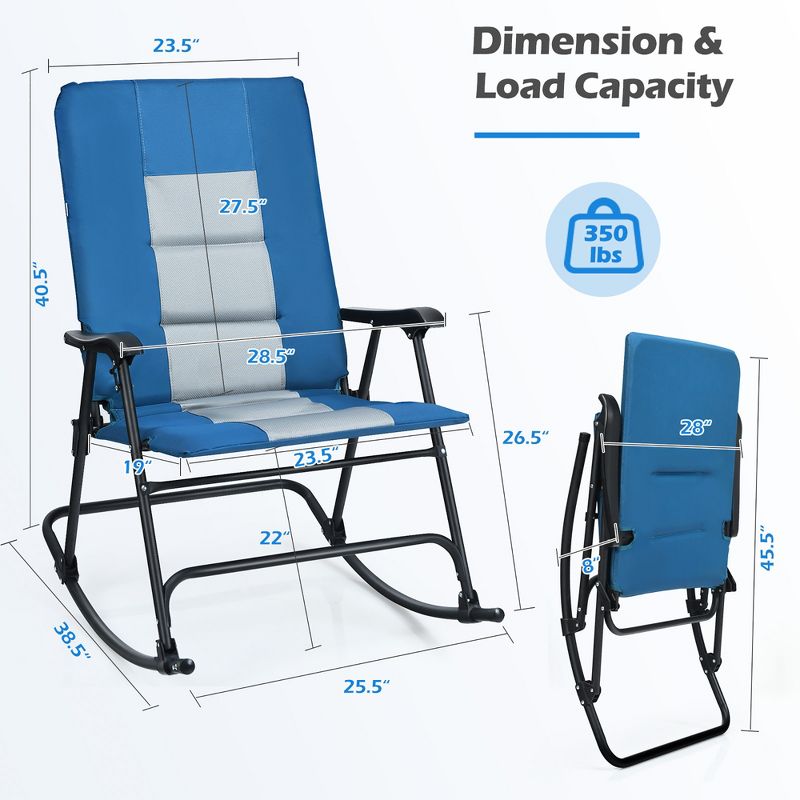 Costway Foldable Rocking Padded Chair Portable Camping Chair with Backrest Armrest Red\Blue, 3 of 11