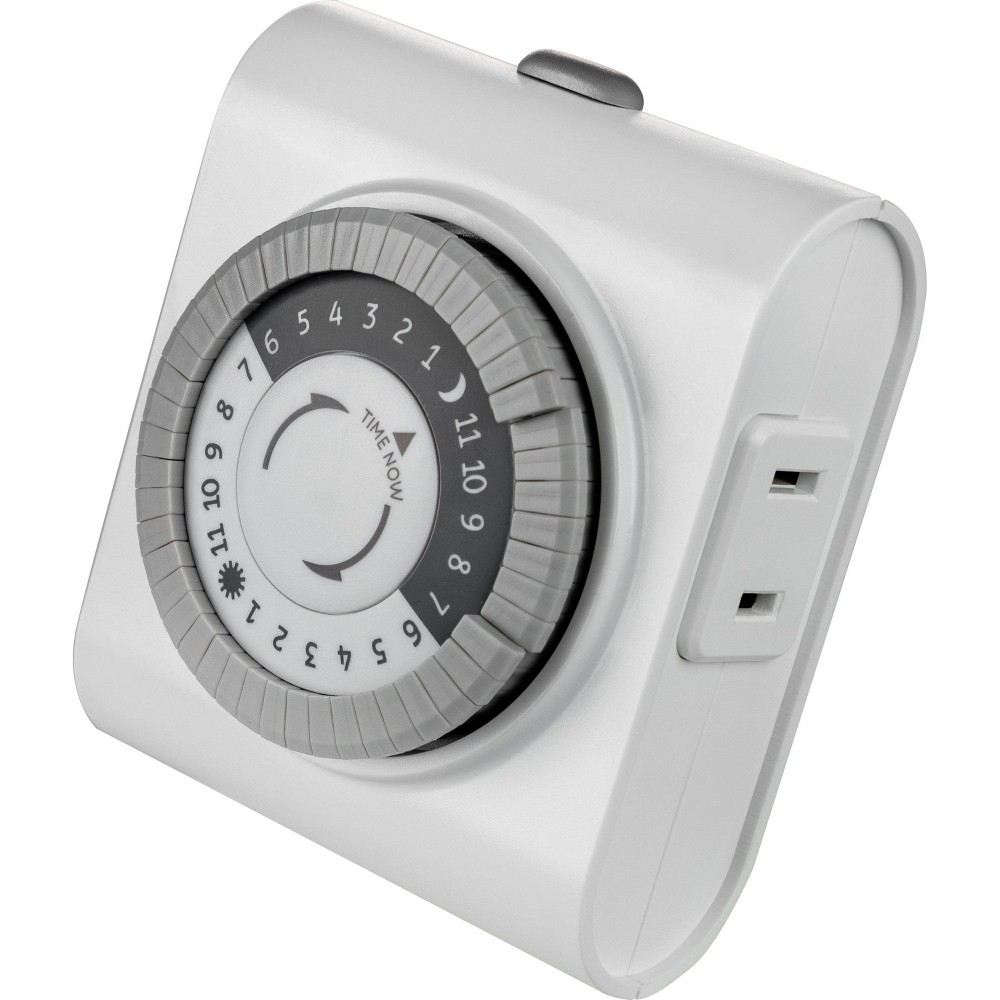GE Indoor Mechanical Timer 24hr 2-Polarized Outlet Big Button White: Push Button, No Assembly, 1-Year Warranty, PET Material