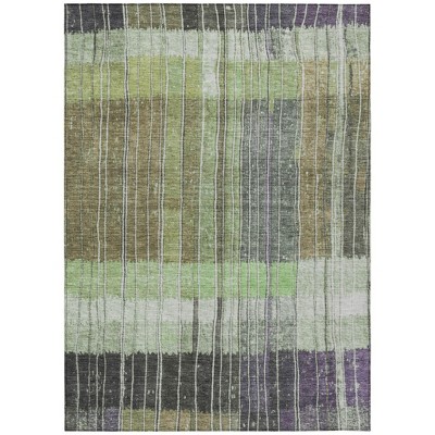 HomeRoots 5' X 8' Artichoke Green Charcoal And Purple Striped Washable Indoor Outdoor Area Rug