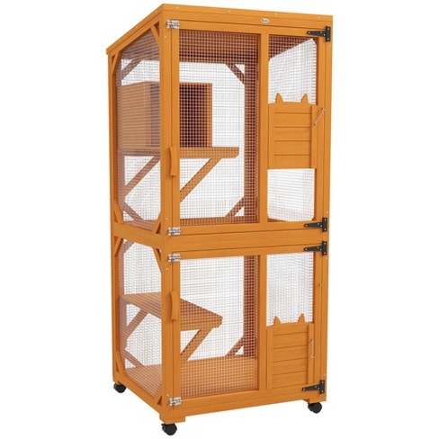 Pawhut Catio Outdoor Large Cat Enclosure Wooden Kitten House Elevated Design With Wheels Water resistant Multi Platforms For 1 3 Cats Orange Target