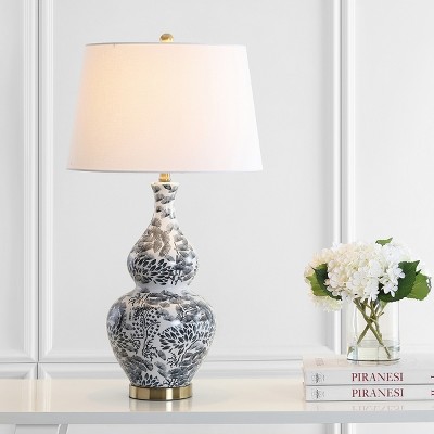 Exotic Floral Black & White Ceramic Table Lamp Set with Brass Accents