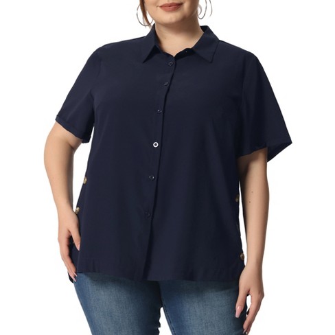 Agnes Orinda Women's Plus Size Relaxed Fit Semi-sheer Button Front Side  Slit Roll Up Sleeve Shirt Navy Blue 4x : Target