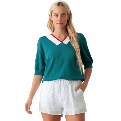 Slickblue Teal Chevron Knit Top, V-Neck with Contrast Accents, Women’s Casual Top, Half Sleeve, One Size