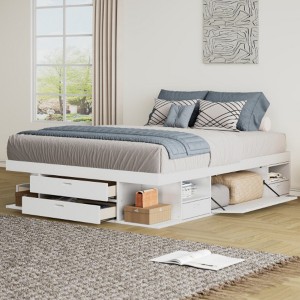 Storage Platform Bed Frame with Multiple Drawers and Shelves No Box Spring Needed, Full Size,White - 1 of 4