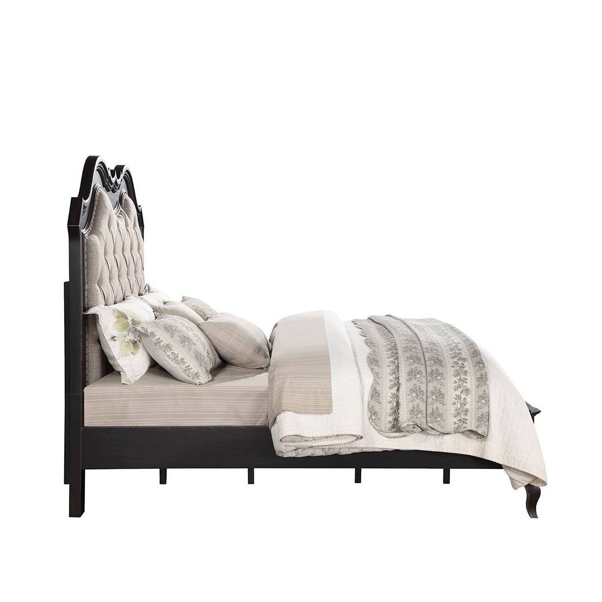 82.5"California King Bed Chelmsford Bed Beige Fabric Antique Black Finish - Acme Furniture: Tufted Upholstered Traditional Design - thumbnail 6