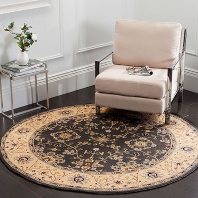 Grey and Cream Floral Round Synthetic Area Rug, 8'