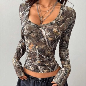 Clotth Women's Camouflage Top - U-Neck Long Sleeve T-Shirt, Slim Fit Maple Leaf Pattern, Dressy Casual Y2k Women's Tops, Camouflage - 1 of 4