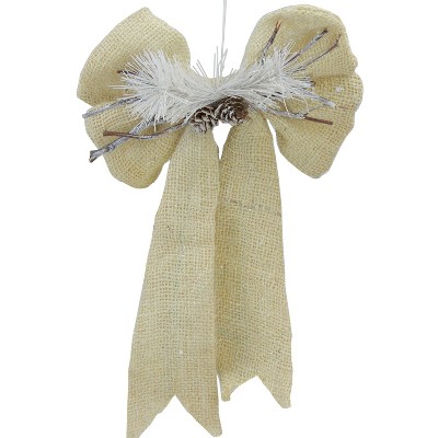 Northlight 15" Ivory and White Bow with Pine Cone Hanging Christmas Decor