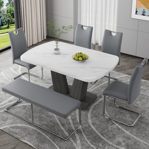 6-Piece Modern Dining Table Set Dining Set with 4 PU Upholstered Chairs, Bench and Faux Marble Table with V-shaped Legs, Gray/White-ModernLuxe - 1 of 4