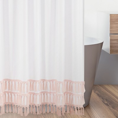 Boho White and Pink Cotton Shower Curtain with Fringe