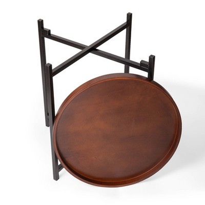 Mid-Century Modern Round Walnut Wood and Black Metal Side Table