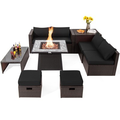 Tangkula 9 Pieces Outdoor Patio Furniture Set with 35" Propane Fire Pit Table Wicker Sectional Sofa Set w/ Storage Box Black/Gray/Navy/Red/Turquoise/Off White