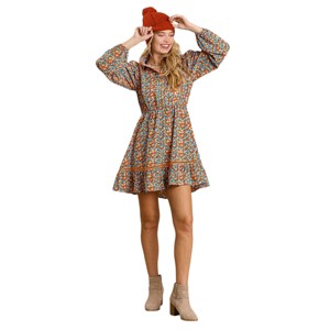 Slickblue Collared Button Down Floral Print Dress – Crochet Trimmed Details in Vibrant Orange Mix & Navy Mix, S-L - 1 of 3