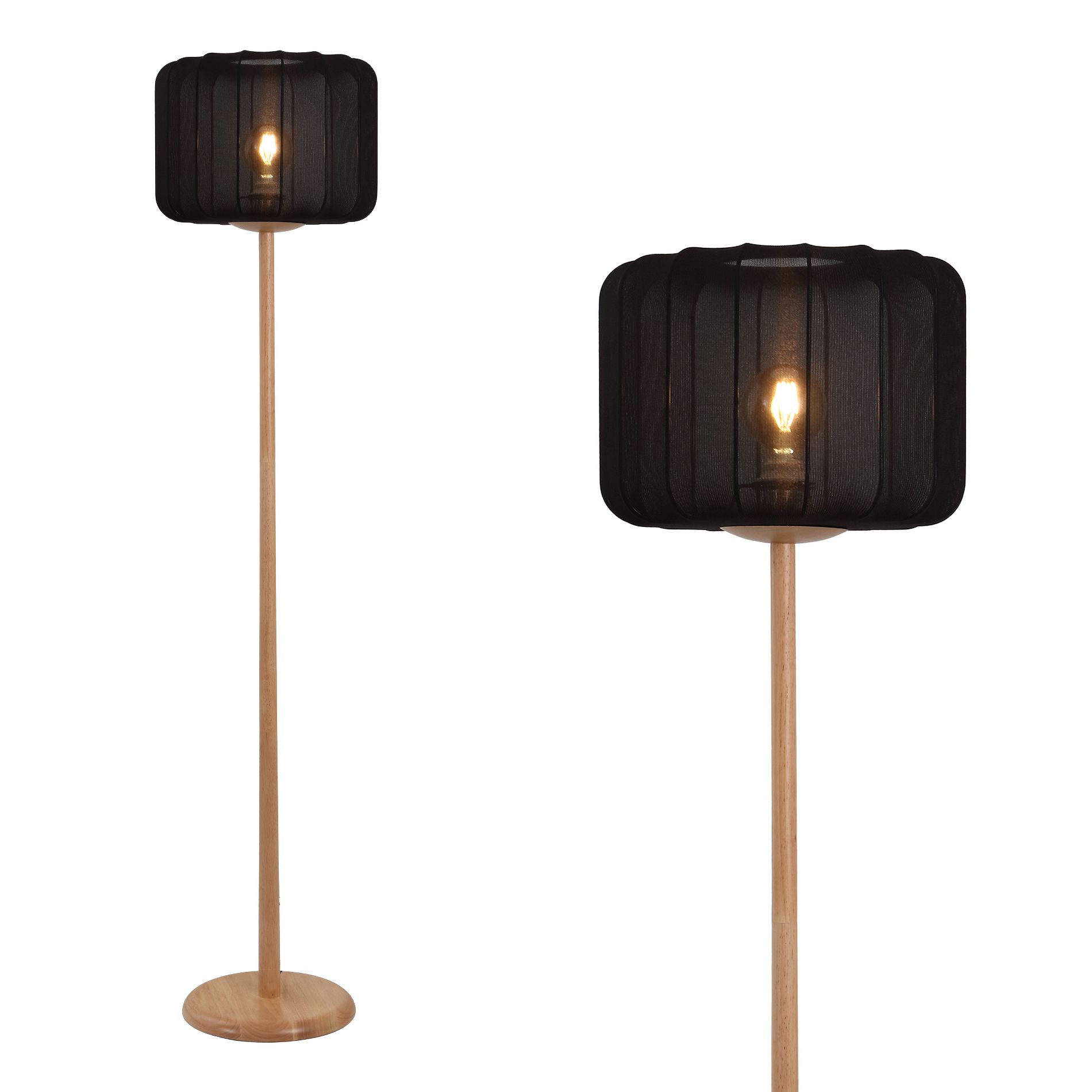 JONATHAN Y Maryna 59.5 in. Minimalist Modern Teahouse Wood with Ribbed Cocoon Pumpkin Shade LED Floor Lamp, Black/Light Brown