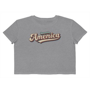 Rerun Island Women's America Retro Font Americana 4Th Of July Short Sleeve Graphic Cotton Cropped Loose T-shirt - Athletic Heather M - 1 of 4