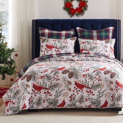 Greenland Home Fashions Cardinal Plaid Christmas Quilt Bedding Set Red