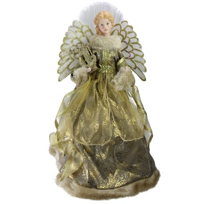 Northlight 16" Gold and Brown Lighted Angel in Gown with Harp Christmas Tree Topper