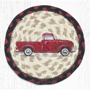 Earth Rugs Vintage Red Truck Round Coaster – 7"x7" Hand-Stenciled Jute, Rustic Tabletop Accent - 1 of 3
