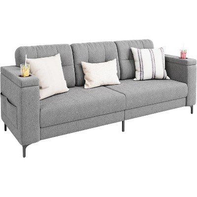 Acekool Modern Sofa Bed, 3-Seat Couch with Storage Armrests, Side Pockets & Cup Holder, Upholstered Sleeper for Living Room or Apartment